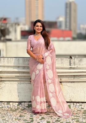 Pink Embroidery Silk Saree Set