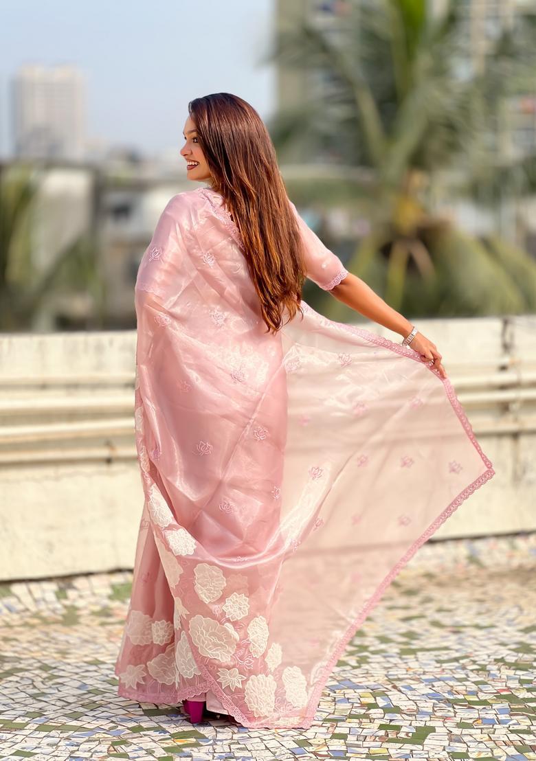 Pink Embroidery Silk Saree Set - Indya