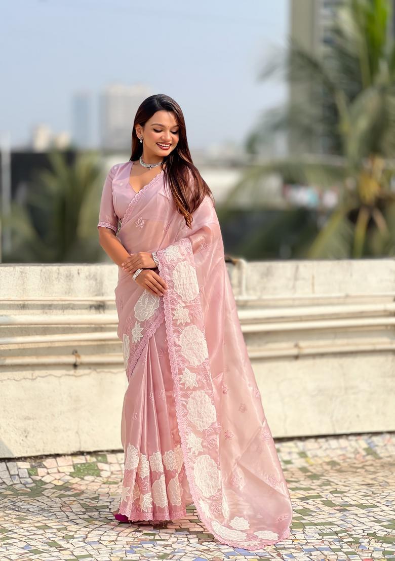 Pink Embroidery Silk Saree Set - Indya