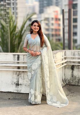 Sky Blue Embroidery Silk Saree Set