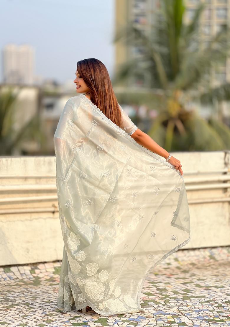 Sky Blue Embroidery Silk Saree Set - Indya