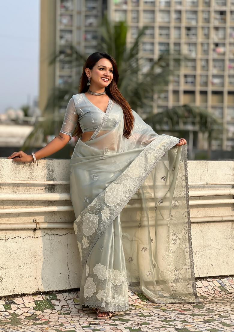 Sky Blue Embroidery Silk Saree Set - Indya
