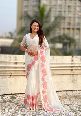 White Embroidery Silk Saree Set
