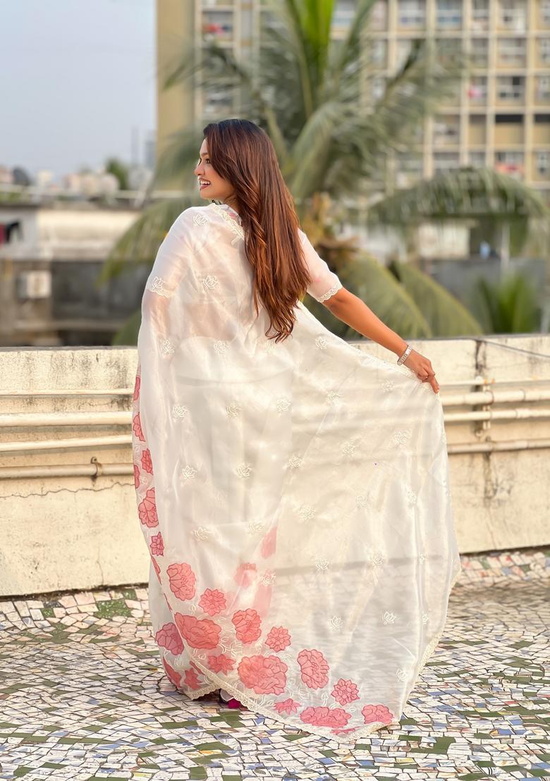 White Embroidery Silk Saree Set - Indya