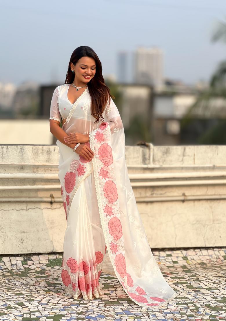 White Embroidery Silk Saree Set - Indya