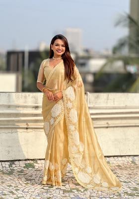 Yellow Embroidery Silk Saree Set