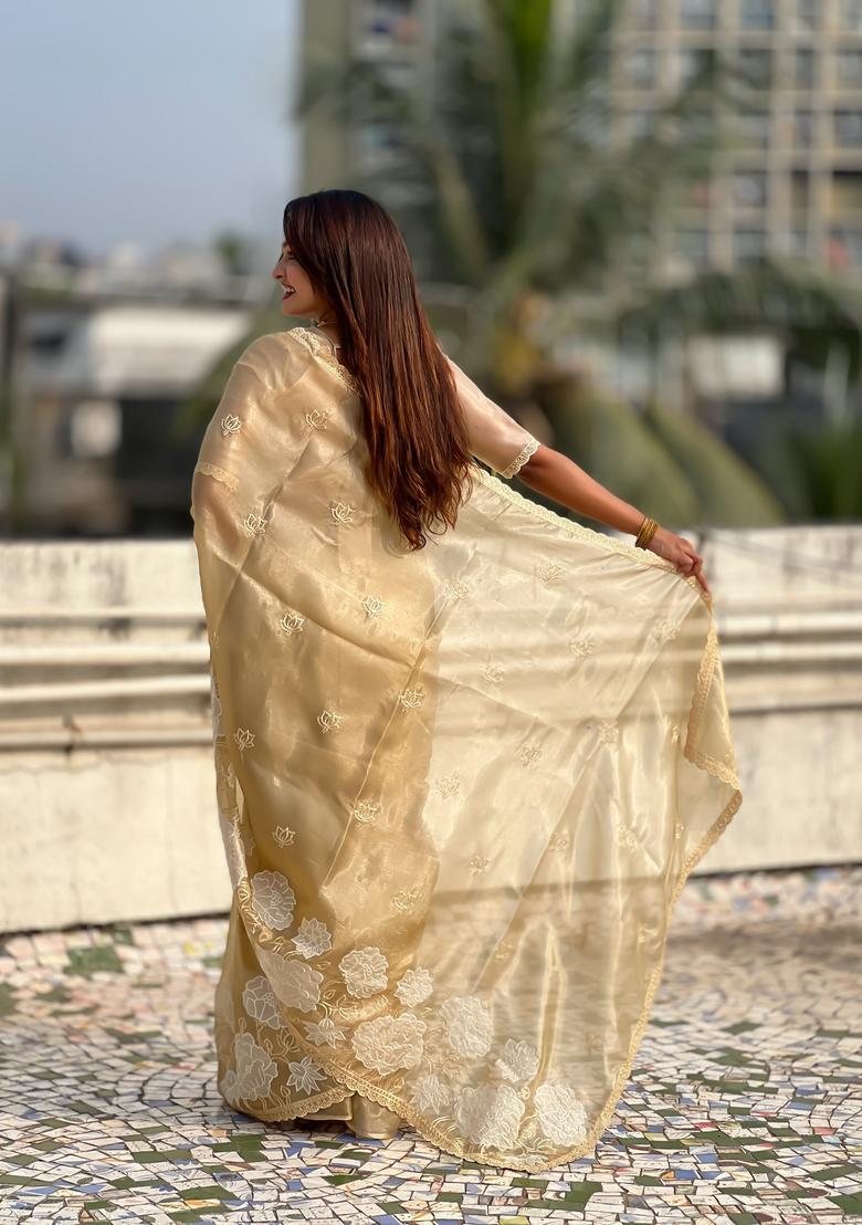 Yellow Embroidery Silk Saree Set - Indya