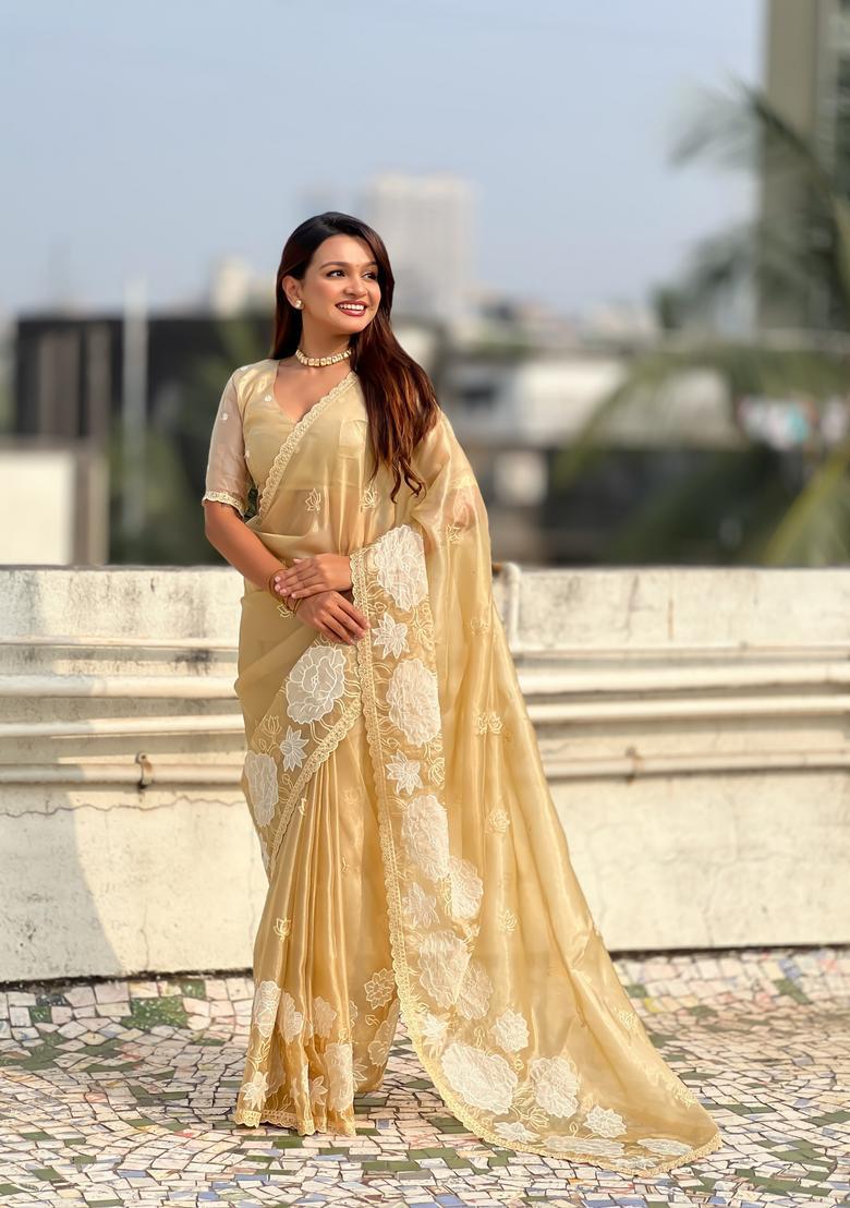Yellow Embroidery Silk Saree Set - Indya