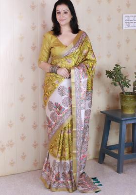 Mustard Printed Silk Saree Set