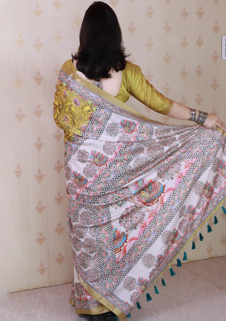 Mustard Printed Silk Saree Set - Indya