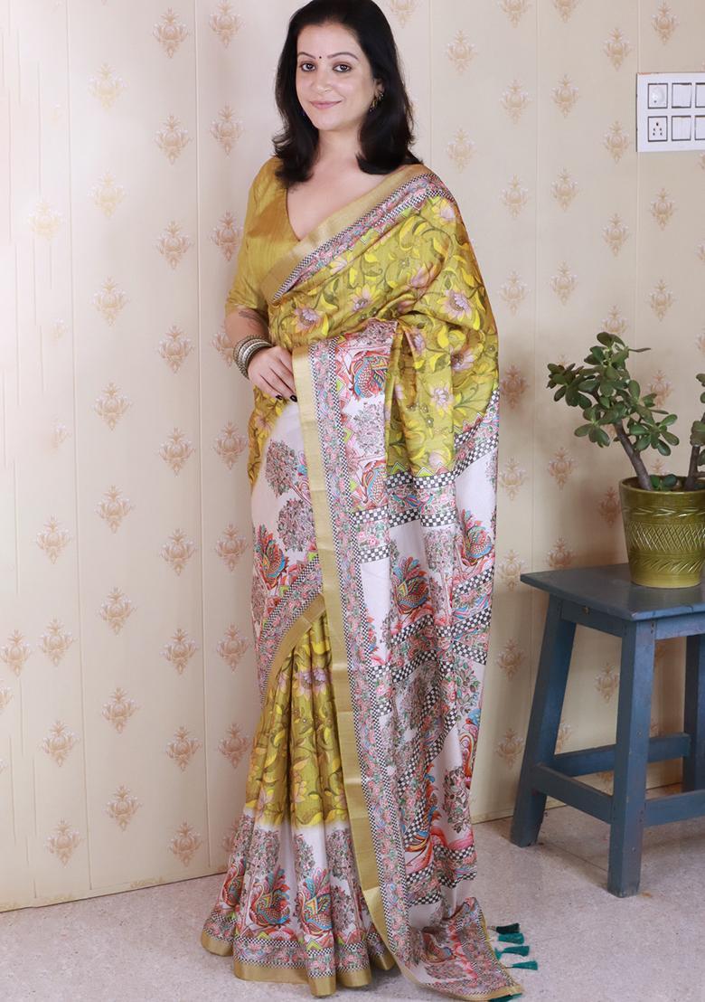 Mustard Printed Silk Saree Set - Indya