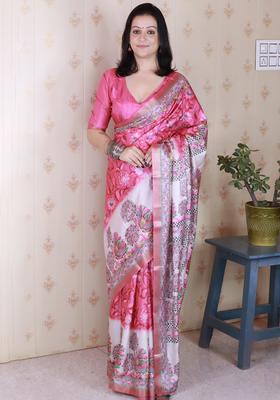 Pink Printed Silk Saree Set