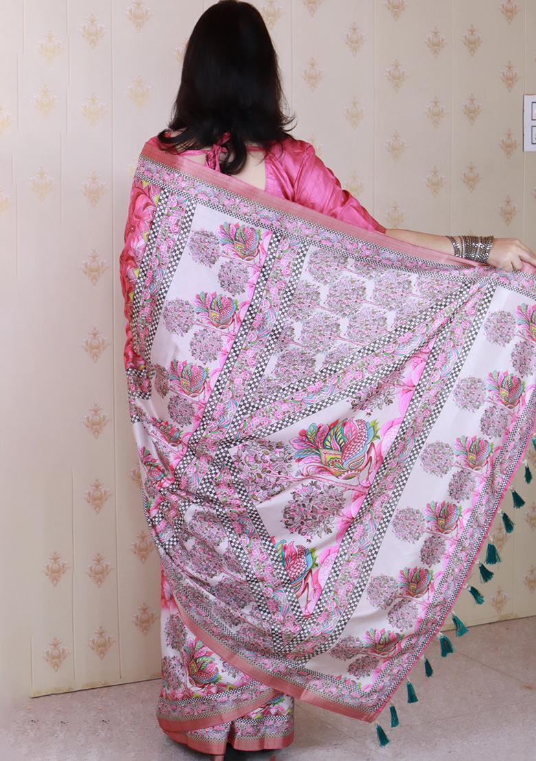 Pink Printed Silk Saree Set - Indya