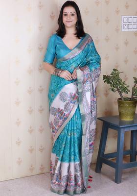 Sea Green Printed Silk Saree Set
