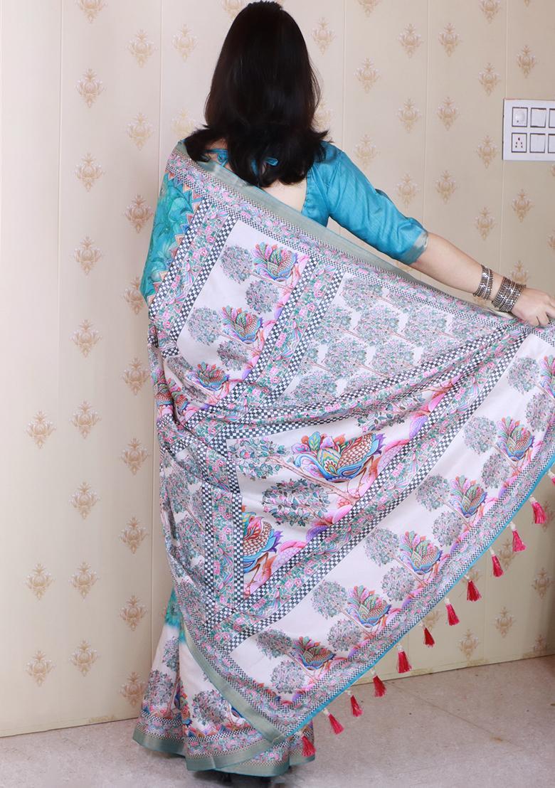 Sea Green Printed Silk Saree Set - Indya