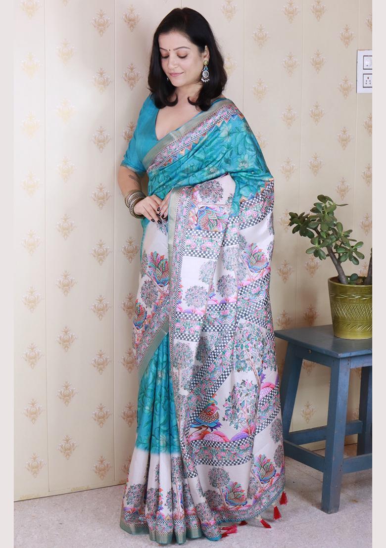 Sea Green Printed Silk Saree Set - Indya