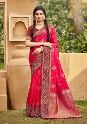 Pink Zari Work Silk Saree Set