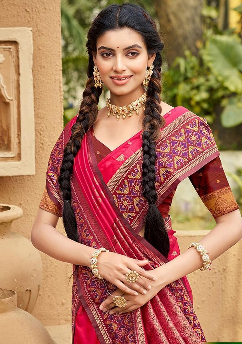 Pink Zari Work Silk Saree Set - Indya