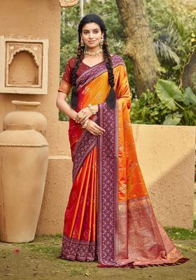 Orange Zari Work Silk Saree Set