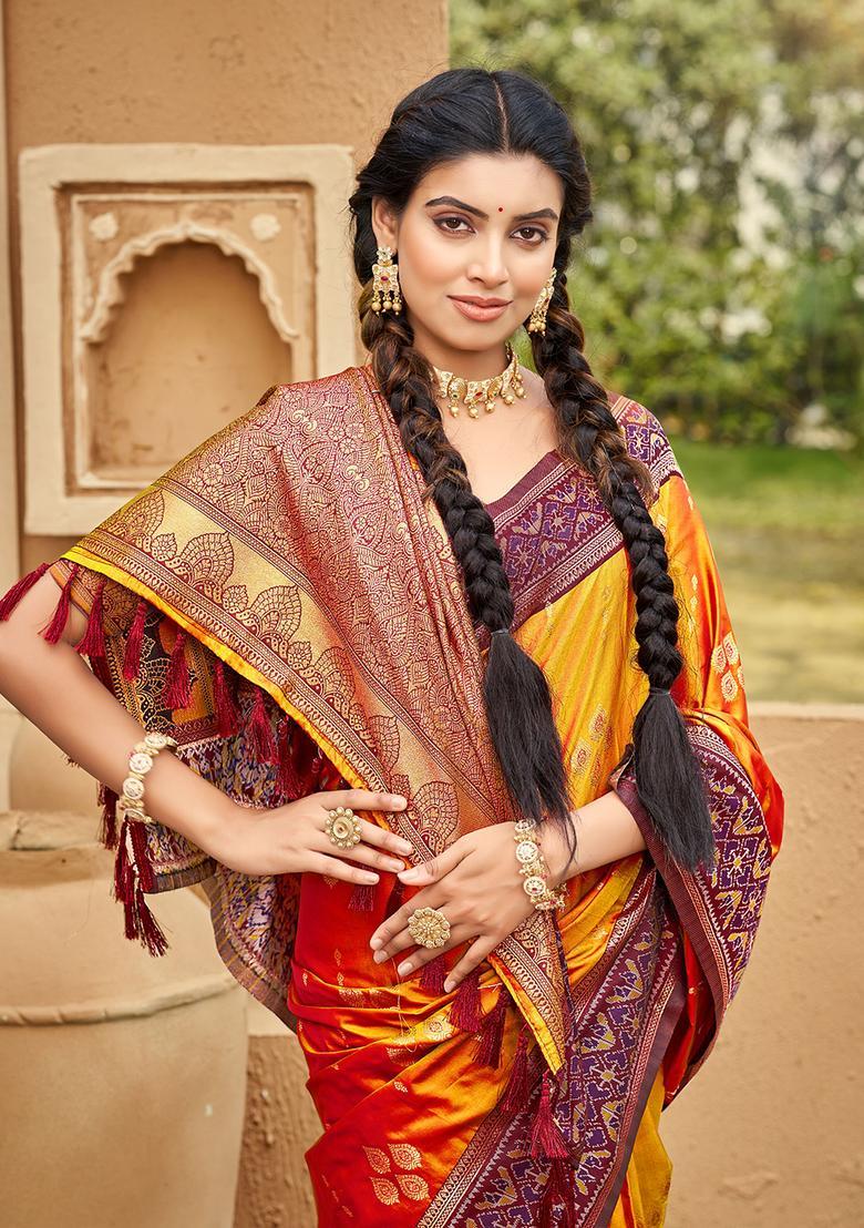 Orange Zari Work Silk Saree Set - Indya