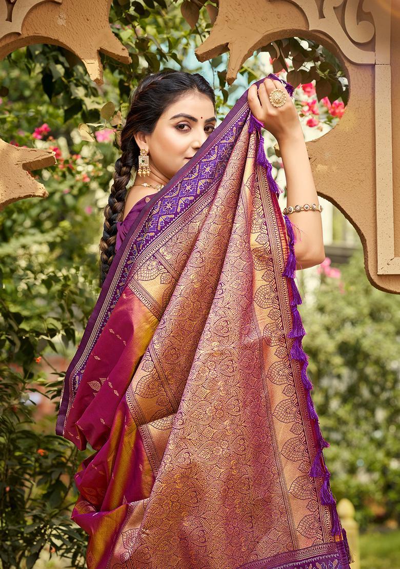 Lavender Zari Work Silk Saree Set - Indya