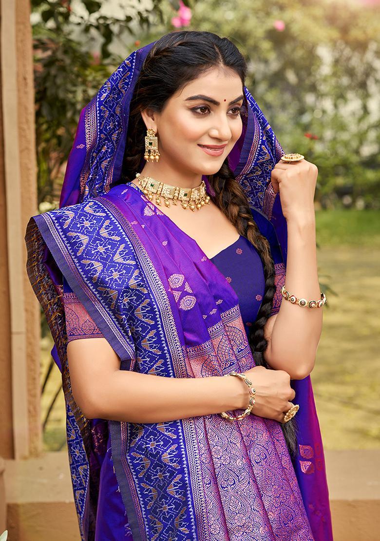 Purple Zari Work Silk Saree Set - Indya