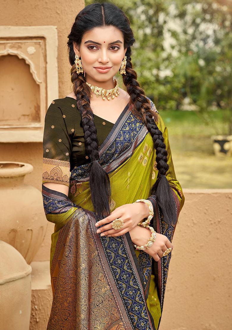 Olive Zari Work Silk Saree Set - Indya