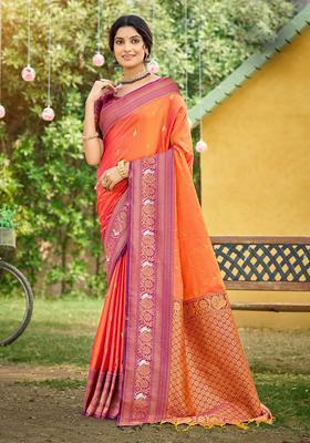 Orange Zari Work Silk Saree Set