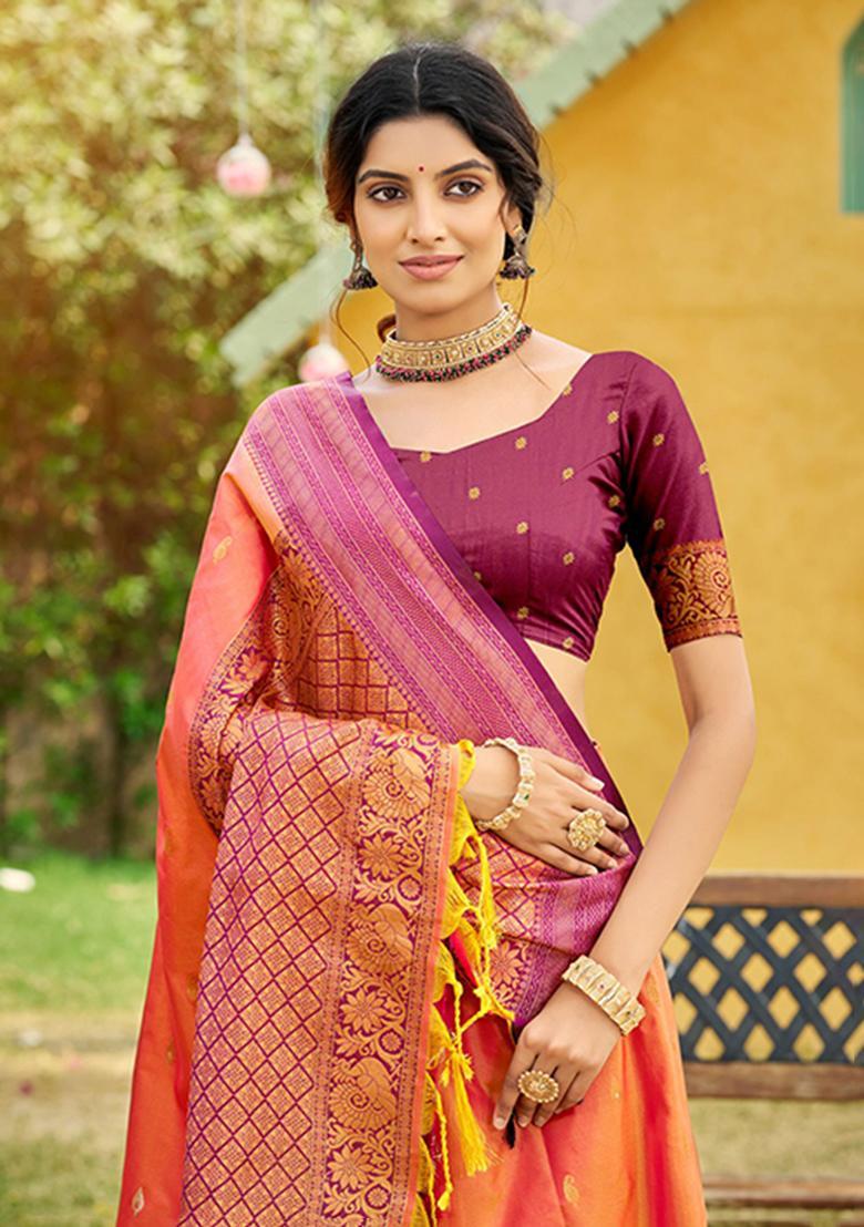 Orange Zari Work Silk Saree Set - Indya
