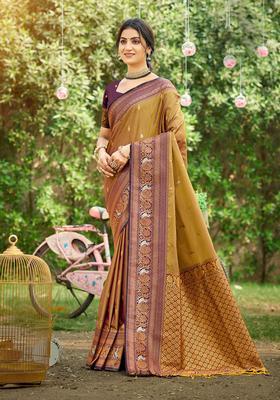 Brown Zari Work Silk Saree Set