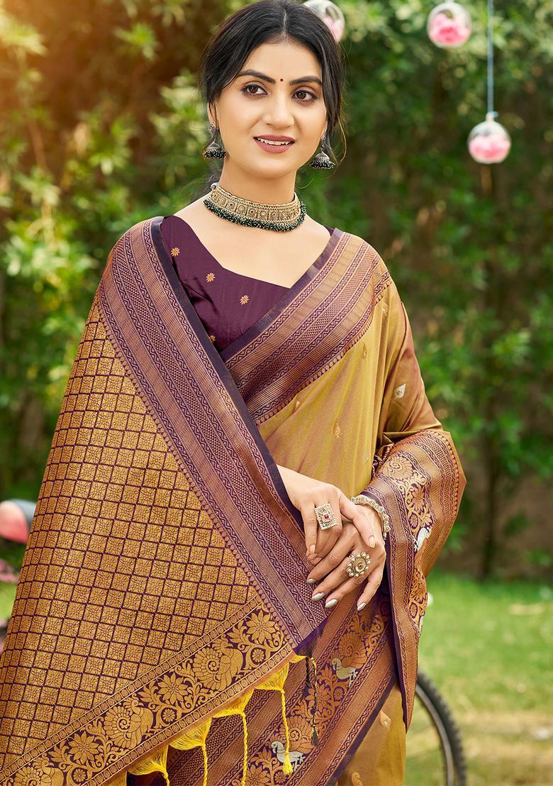 Brown Zari Work Silk Saree Set - Indya