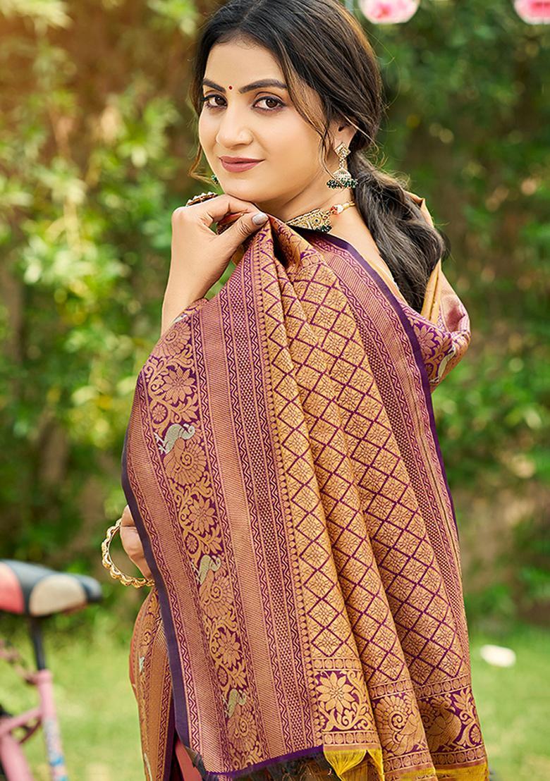 Mustard Zari Work Silk Saree Set - Indya