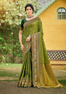 Olive Zari Work Silk Saree Set