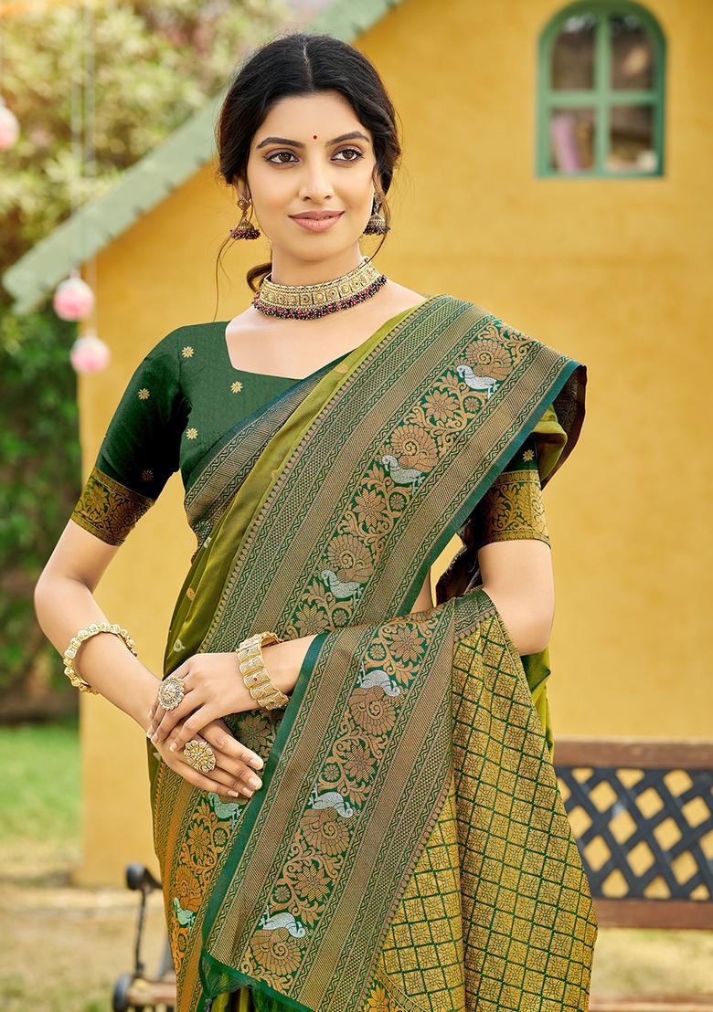 Olive Zari Work Silk Saree Set - Indya