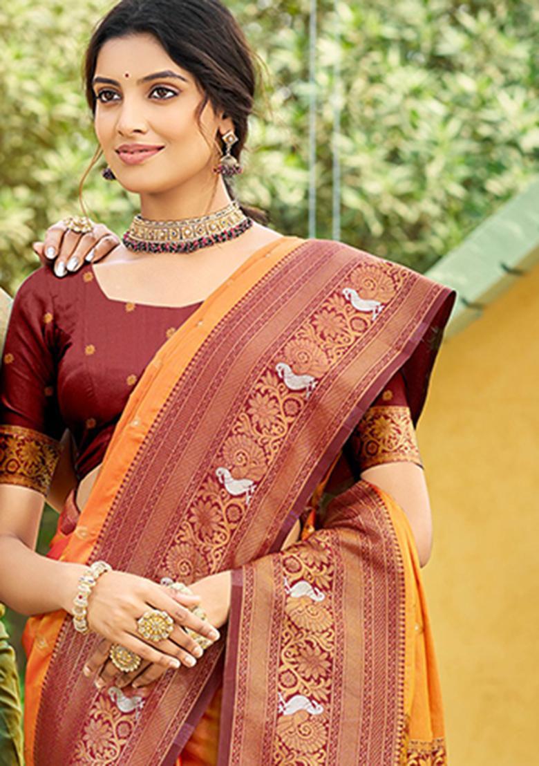 Red Zari Work Silk Saree Set - Indya