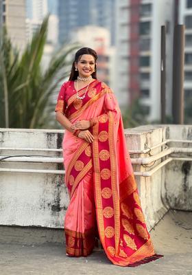 Coral Zari Work Silk Saree Set