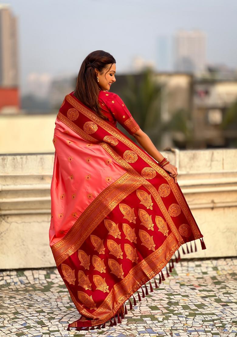 Coral Zari Work Silk Saree Set - Indya