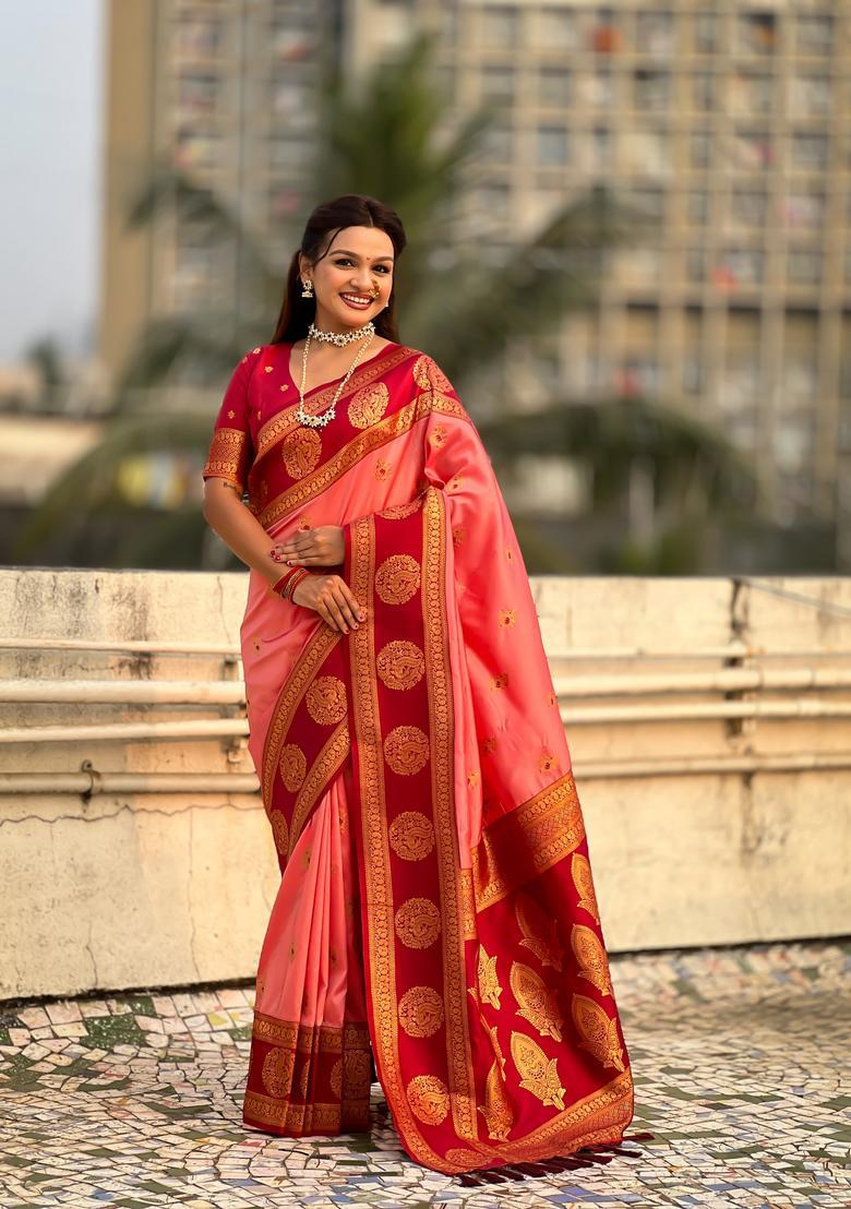 Coral Zari Work Silk Saree Set - Indya