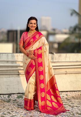 Cream Zari Work Silk Saree Set