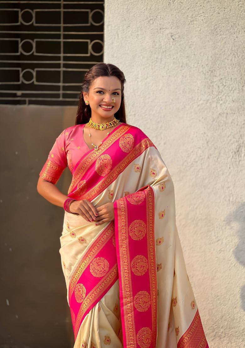Cream Zari Work Silk Saree Set - Indya