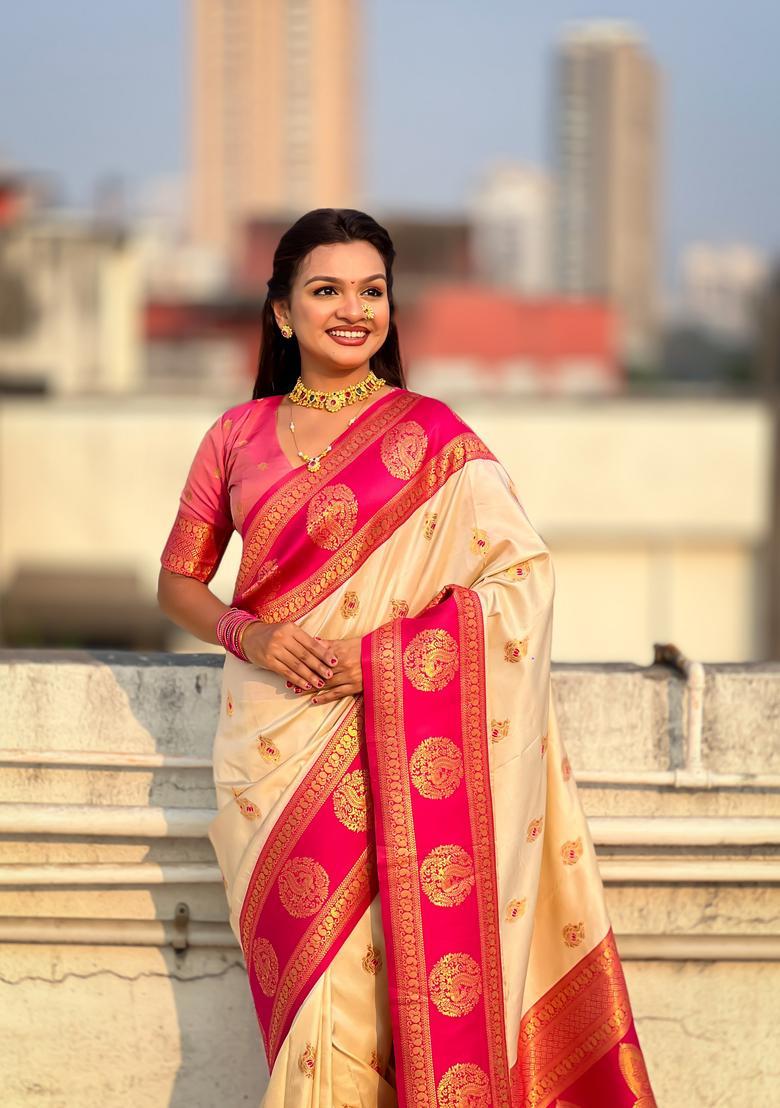 Cream Zari Work Silk Saree Set - Indya
