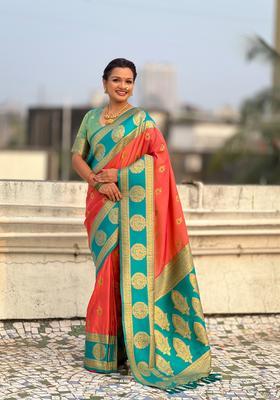 Peach Zari Work Silk Saree Set