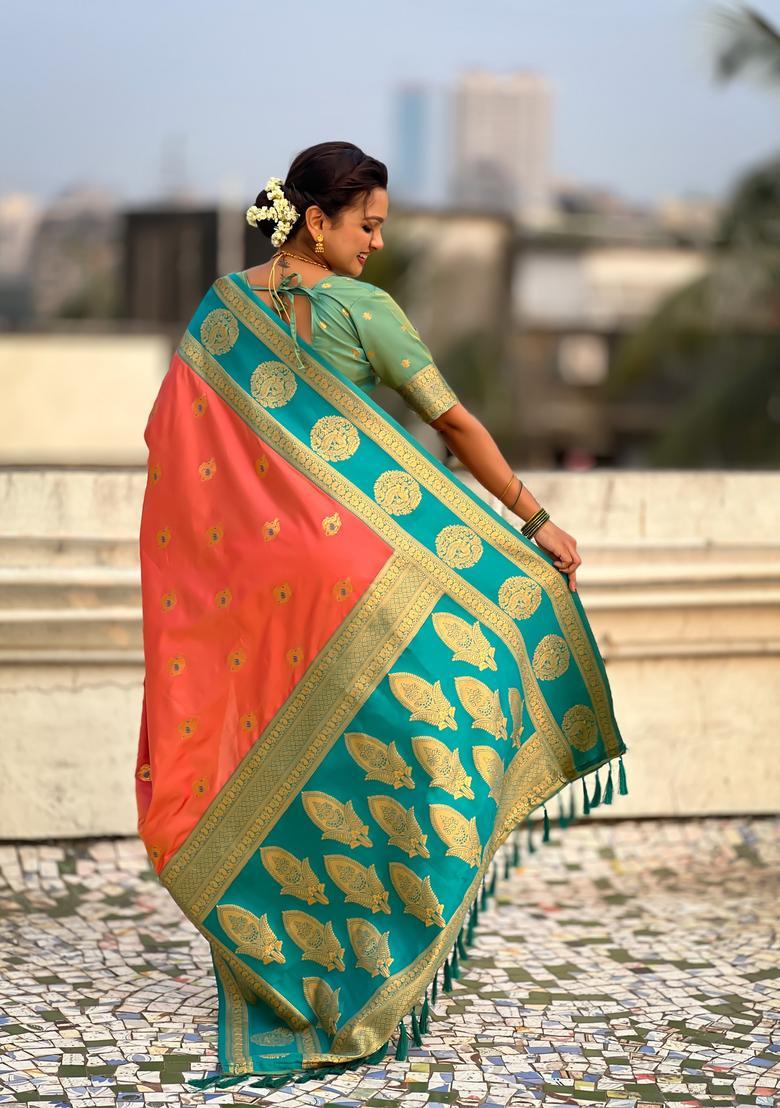 Peach Zari Work Silk Saree Set - Indya