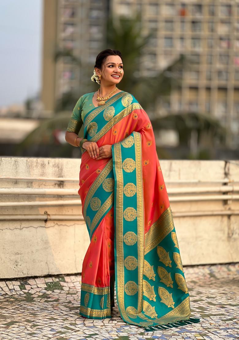 Peach Zari Work Silk Saree Set - Indya