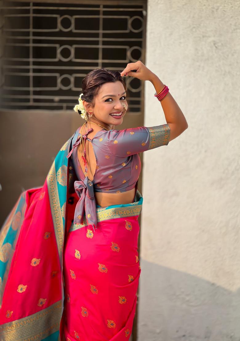 Pink Zari Work Silk Saree Set - Indya