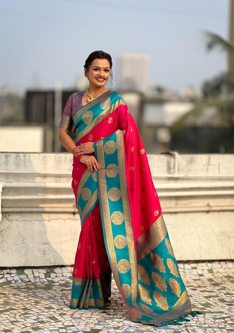 Pink Zari Work Silk Saree Set - Indya