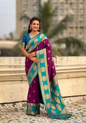 Purple Zari Work Silk Saree Set