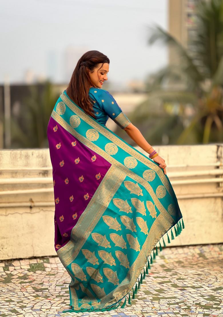 Purple Zari Work Silk Saree Set - Indya