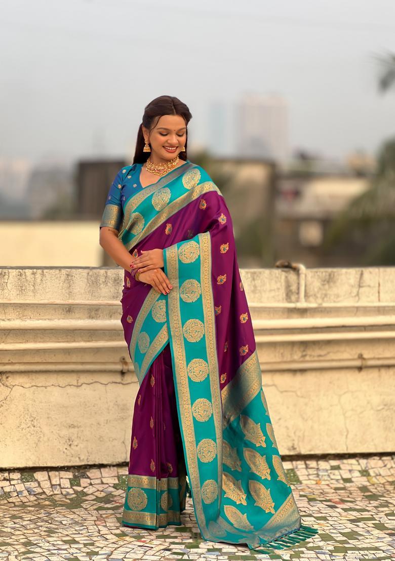 Purple Zari Work Silk Saree Set - Indya