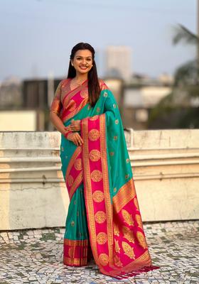 Sea Green Zari Work Silk Saree Set